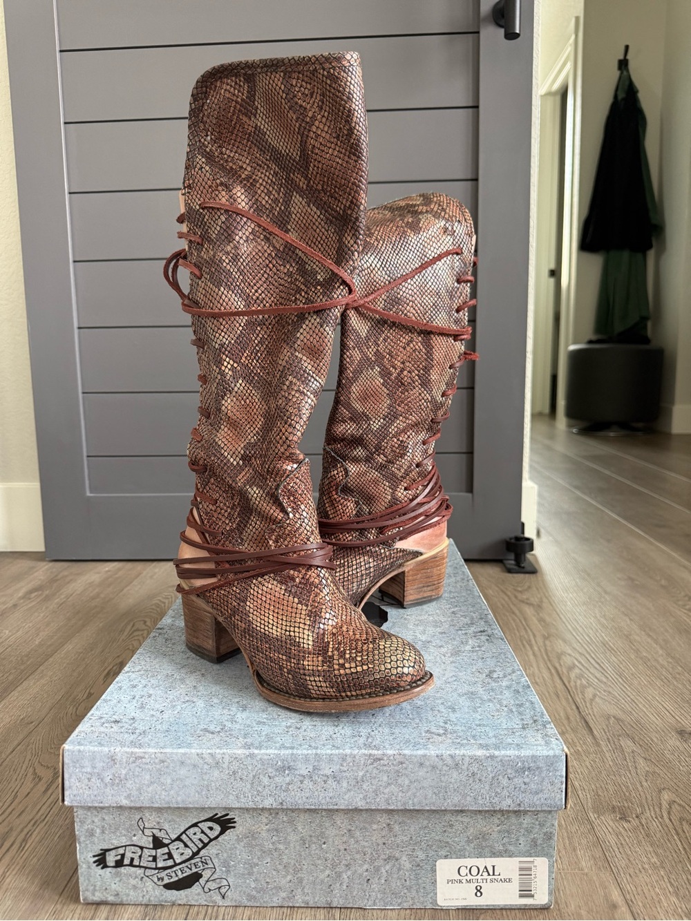 freebird Brown Pink Multi Snake Lace-Up Knee Boots